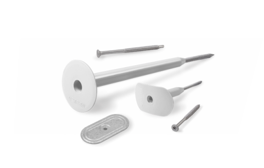 several screws and fasteners for flat roof insulations ona a white background