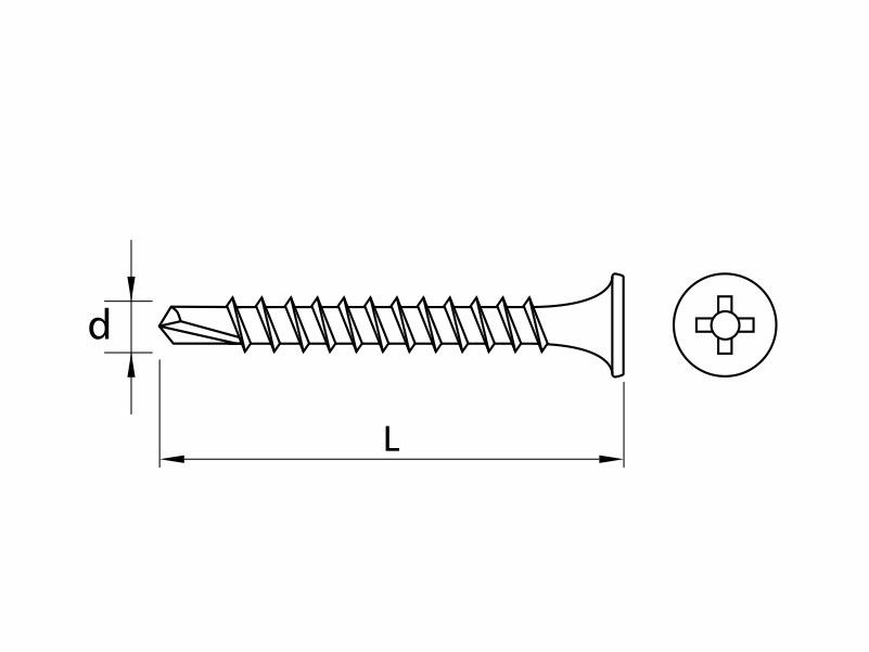 Drywall screws with drilling point, bugle head, hardened, phosphated