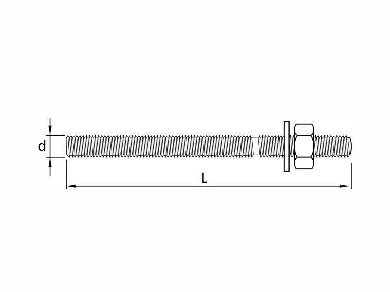 Threaded rods with washer and nut, 5.8 steel grade