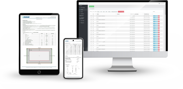 The screen of the Hamar app for roof fasteners visible on the screens of 3 devices