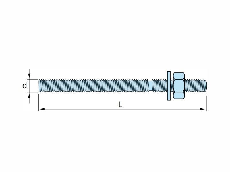 Threaded rods with washer and nut, AISI 304 (A2) stainless steel